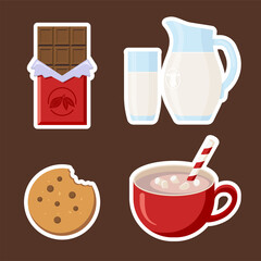 Sweet Snacks Stickers Set. Flat Style. Chocolate, Coockie, Cacaoand Milk. Winter Goodies Icons Collection for logo, label; print, recipe, menu decor and decoration