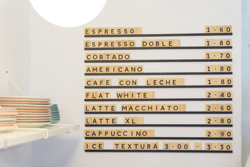 Price board in coffee house