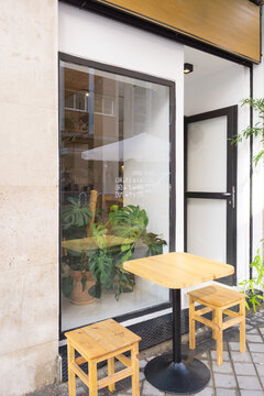 Terrace of cafe with chairs and table