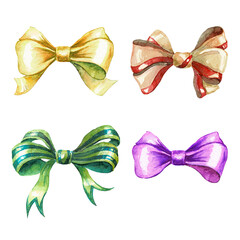 Watercolor yellow, red, green, purple bows set on white background. Hand drawn detailed festive elements in classic style 