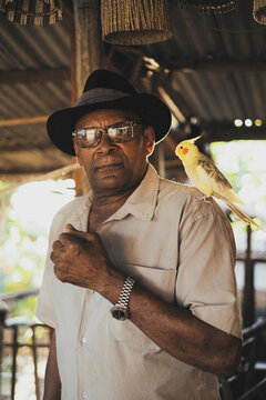 Stylish black man with cockatiel parrot on shoulder looking at camera
