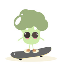 Funny broccoli in glasses and sneakers on a skateboard. Cartoon Style. Suitable for Landing Web Pages, Banners, Flyers, Stickers, Cards.	