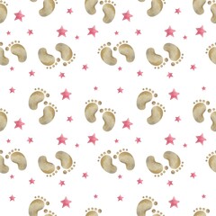 Pink baby girl watercolor seamless pattern with footprint and stars. Baby pink paint brush stroke background.