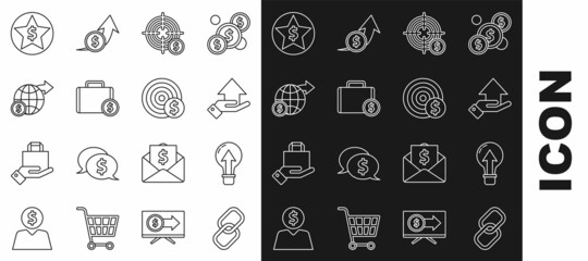 Set line Chain link, Light bulb, Money on hand, Target with dollar symbol, Briefcase money, Earth globe, Star and icon. Vector