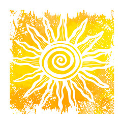 White sun on a yellow background. Hello summer. Vector illustration