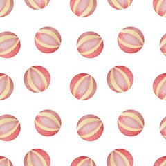 Pink baby girl watercolor seamless pattern with ball. Baby pink paint brush stroke background.