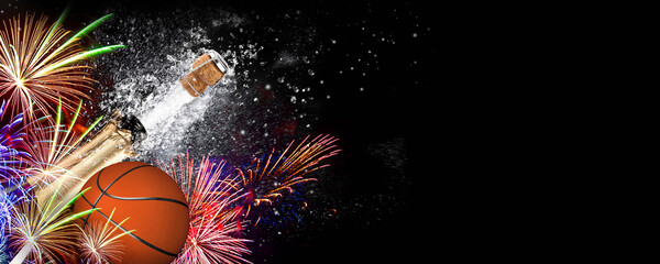 Basketball with fireworks and an exploding bottle of champagne on a black background. Ideal for New...
