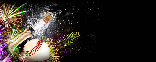 Baseball with fireworks and an exploding bottle of champagne on a black background. Ideal for New...
