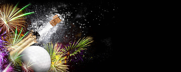 Golf ball with fireworks and an exploding bottle of champagne on a black background. Ideal for New...