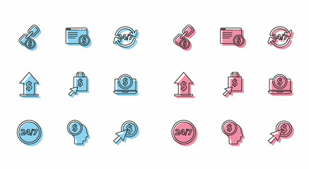 Set line Clock 24 hours, Business man planning mind, Chain link and coin, Cursor, Shoping bag dollar, Laptop with, Financial growth and Online shopping on screen icon. Vector