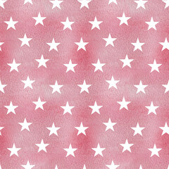 Pink baby girl watercolor seamless pattern with white stars. Baby pink paint brush stroke background.