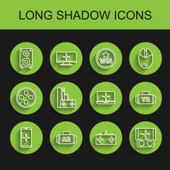 Set line Smartphone and playing in game, Ar, augmented reality, Stereo speaker, Gamepad, Portable video console, with joystick, Virtual glasses and Laptop icon. Vector