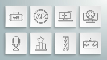 Set line Microphone, Ar, augmented reality, Star, Stereo speaker, Gamepad, Computer monitor, Create account screen and Virtual glasses icon. Vector