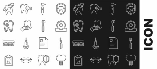 Set line Dental implant, Toothbrush, Otolaryngological head reflector, drill, with caries, whitening concept and icon. Vector