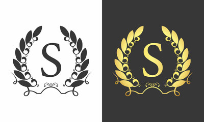 Luxury S Logo Template with Luxurious Golden monogram crest and baroque style design for wedding, Boutique brand identity Vector