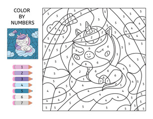 Color by numbers. Cute cartoon unicorn on cloud. Kawaii animal. Educational game for preschool kids. Printable activity worksheet. Coloring page. Learn numbers. Vector illustration.