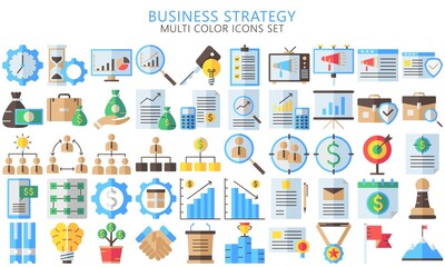 Simple of Business Strategy multi color Icons set. Contains such Icons as Target Audience, Research, Plan, Scheme and more. EPS 10, Used for modern concepts, web, UI, UX kit and applications.