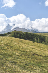 Fototapeta premium Summer mountain landscape near Mestia, Svaneti region, Georgia, Asia. Snowcapped mountains in the background. Blue sky with clouds above. Georgian travel destination
