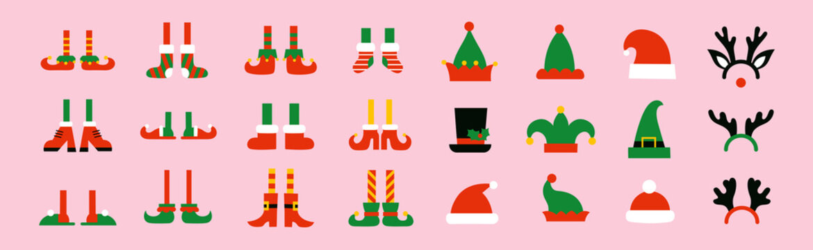 Christmas set of elf legs and elf hats. Isolated illustrations of cartoon shoes and boots for elves feet. Santa Claus red hat, reindeer antlers. Photo Booth props. Winter holiday clipart