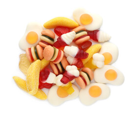 Pile of different tasty jelly candies on white background, top view