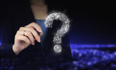 FAQ Concept image.Find answer online. Hand holding digital graphic pen and drawing digital hologram...