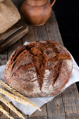 Freshly baked rye bread, close up photo. Homemade sourdough bread.