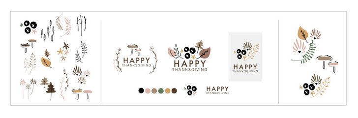 Thanks Giving Logo template set. Vector graphic design, hand drawing illustration bundle of Fall, Autumn, Thanks Giving, Holiday theme. Minimal clean style for seasonal promotion, party invitations