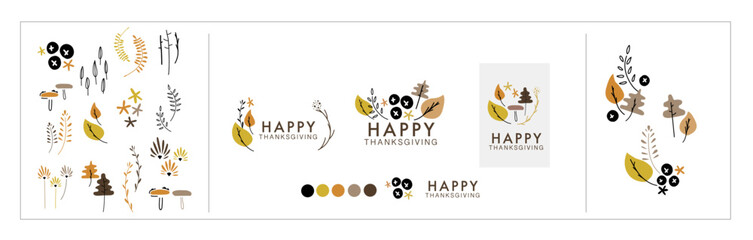 Thanks Giving Logo template set. Vector graphic design, hand drawing illustration bundle of Fall, Autumn, Thanks Giving, Holiday theme. Minimal style icon for seasonal promotion and party invitation 