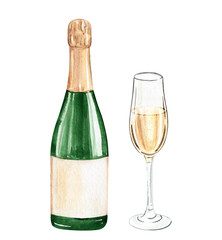 Watercolor champagne bottle and glass isolated on white background