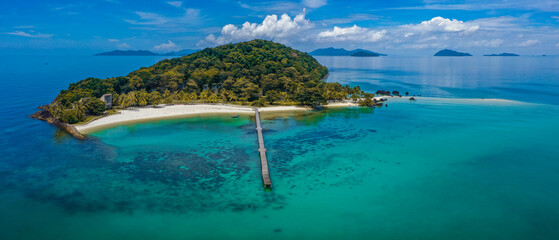 Beautiful tropical island koh Kham, white sand beach with volcanic rocks, near koh Mak, Trat, Thailand