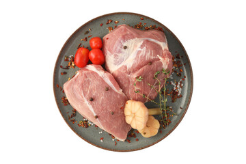 Raw pork meat on a plate, isolated on a white background.