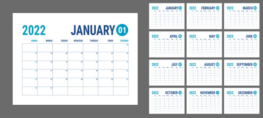 Calendar 2022 year. English planner template. Vector horizontal grid. Landscape orientation. Office business planning