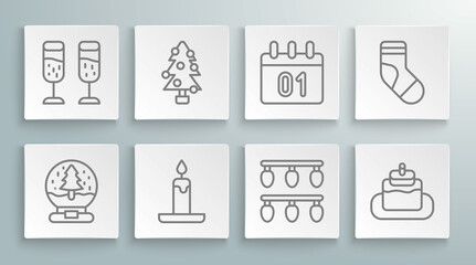 Set line Christmas snow globe, tree, Burning candle, lights, Cake, Calendar, stocking and Glass of champagne icon. Vector
