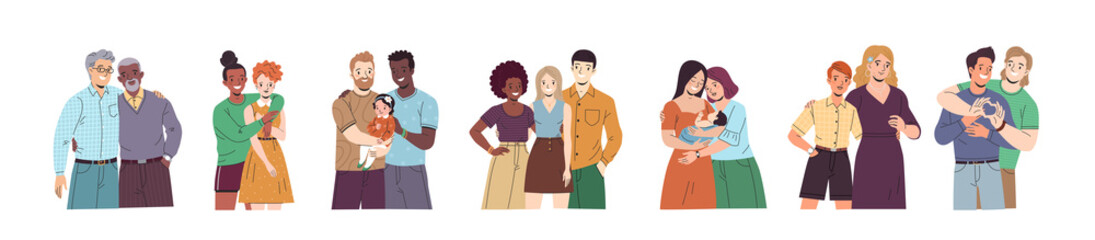 LGBT couples and families. Vector illustration in trendy flat style of gay people in love of different sexes and ages. Isolated on white