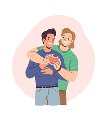 Gay couple concept. Vector cartoon illustration of two handsome embarrassing men in trendy flat style. Isolated on background