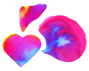 Watercolor heart and flower petals on white background, rainbow neon floral elements. 