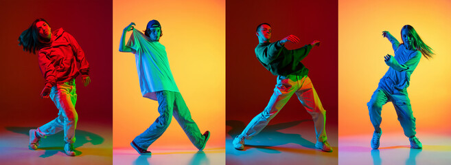 Collage with young sportive men and girls, break dance, hip hop dancer in action, motion isolated over colorful background in neon