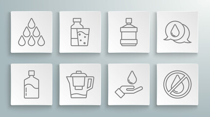 Set line Big bottle with clean water, Bottle of glass, Water jug filter, Washing hands soap, drop forbidden, and icon. Vector