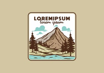 Mountain and pine trees line art illustration