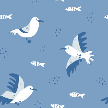 Bird childish seamless pattern in blue vector illustration in hand drawn flat style. Seagull and fish. Design for kids fabric, wrapping, textile, wallpaper, background.