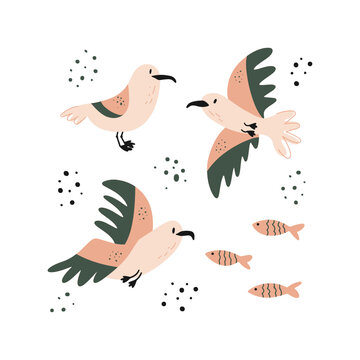 Bird set isolated vector illustration in hand drawn flat style. Seagull and fish