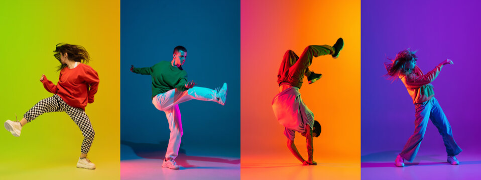 Collage with young emotive men and girls, break dance, hip hop dancer in action, motion isolated over colorful background in neon