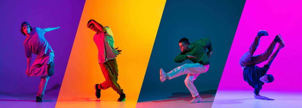 Collage with young sportive men, break dance, hip hop dancer practicing in casual clothes isolated over colorful background in neon