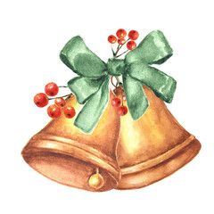Watercolor christmas jingle bells with red berries and green ribbon - obrazy, fototapety, plakaty