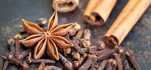 Aromatic thanksgiving and christmas holiday decoration spices, star anise, cloves and cinnamon sticks banner