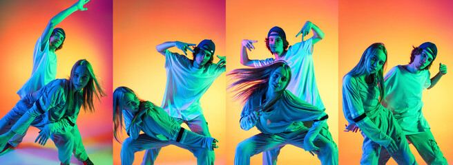 Naklejka premium Composite image made of images of two dancers, young girl and boy dancing hip-hop on gradient multi colored background in neon light.
