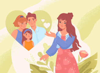 Concept of good healthy relations. Beautiful woman remembers her family. Female character feels love and emotional uplift. Positive memories of dear people. Cartoon modern flat vector illustration