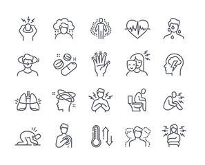 Panic disorder icon set. Thin simple stickers with people with headaches, depression, shock, stress, mental illness and clouding of mind. Cartoon flat vector collection isolated on white background - obrazy, fototapety, plakaty