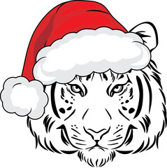 Portrait of a tiger in a Santa hat