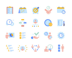 Time management colorful set. Abstract icons with list of task and project, deadline, working employees and ticks. Design elements for app. Cartoon flat vector collection isolated on white background